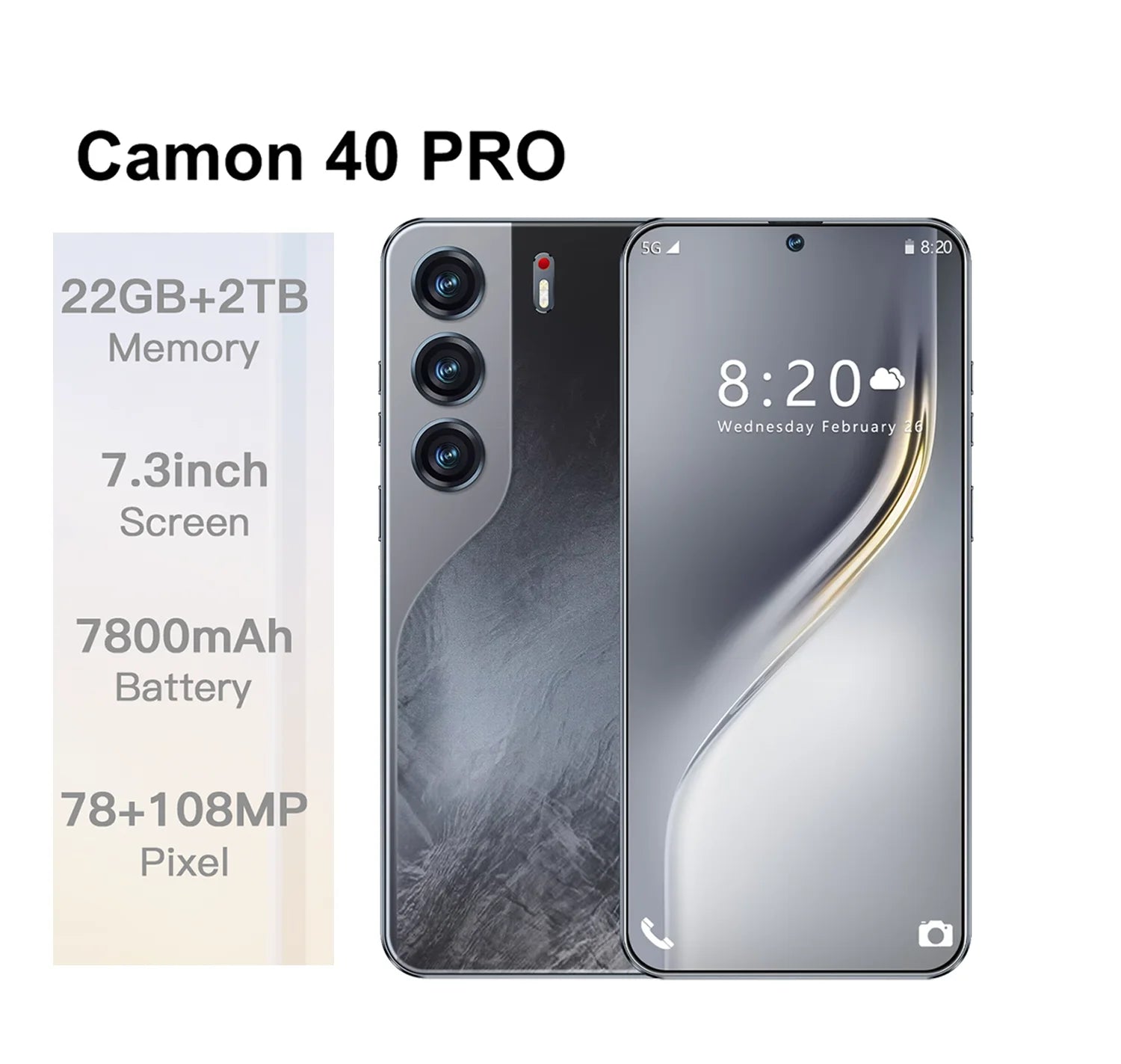Tidesmit Camon 40 Pro 5G gaming smartphone with 7.3 inch HD screen 2TB storage and high performance camera