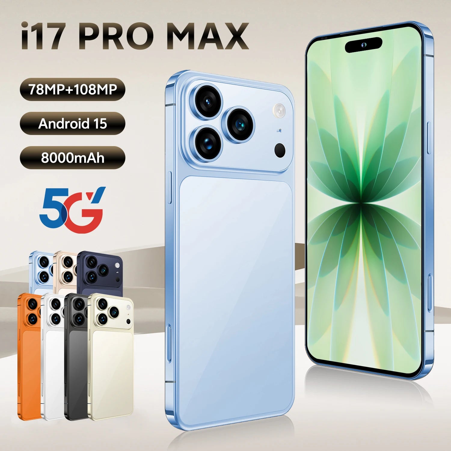 I17 Pro Max 7.3 inch smartphone with 108MP camera, 16GB RAM, 1TB storage, and 8000mAh battery in French layout