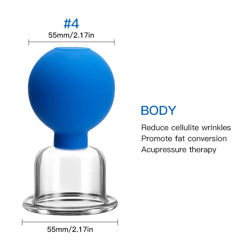 Blue silicone suction bulb with a 55mm clear glass vacuum cupping jar for body massage and therapy.