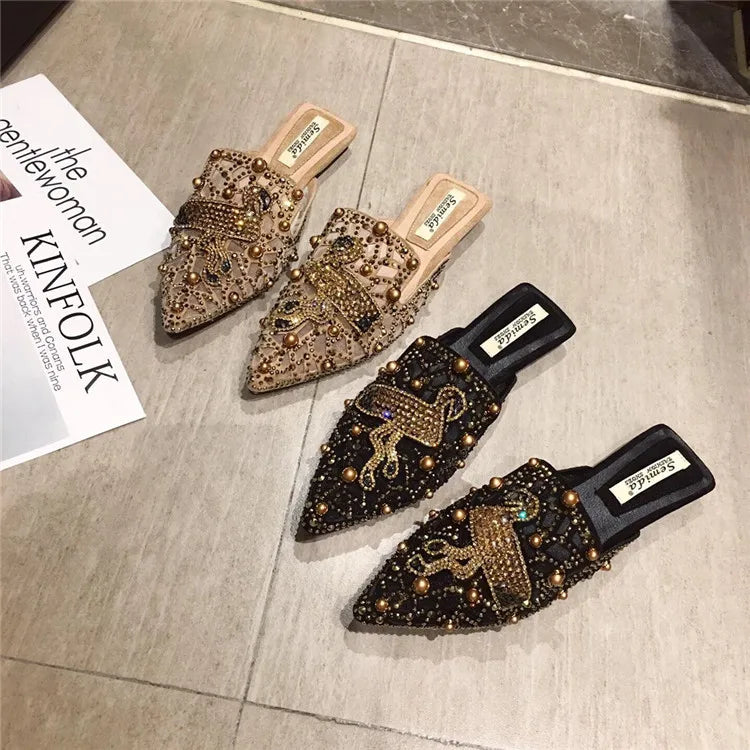 Luxury Rhinestone Outdoor Slippers Closed Toe Female Women Loafer Spring  Flat Shoes with Diamonds