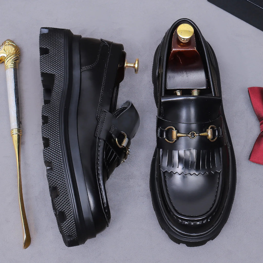 British Style Stylish Men's Genuine Cowhide Loafers Fashionable Casual Leather Shoes Thick-soled