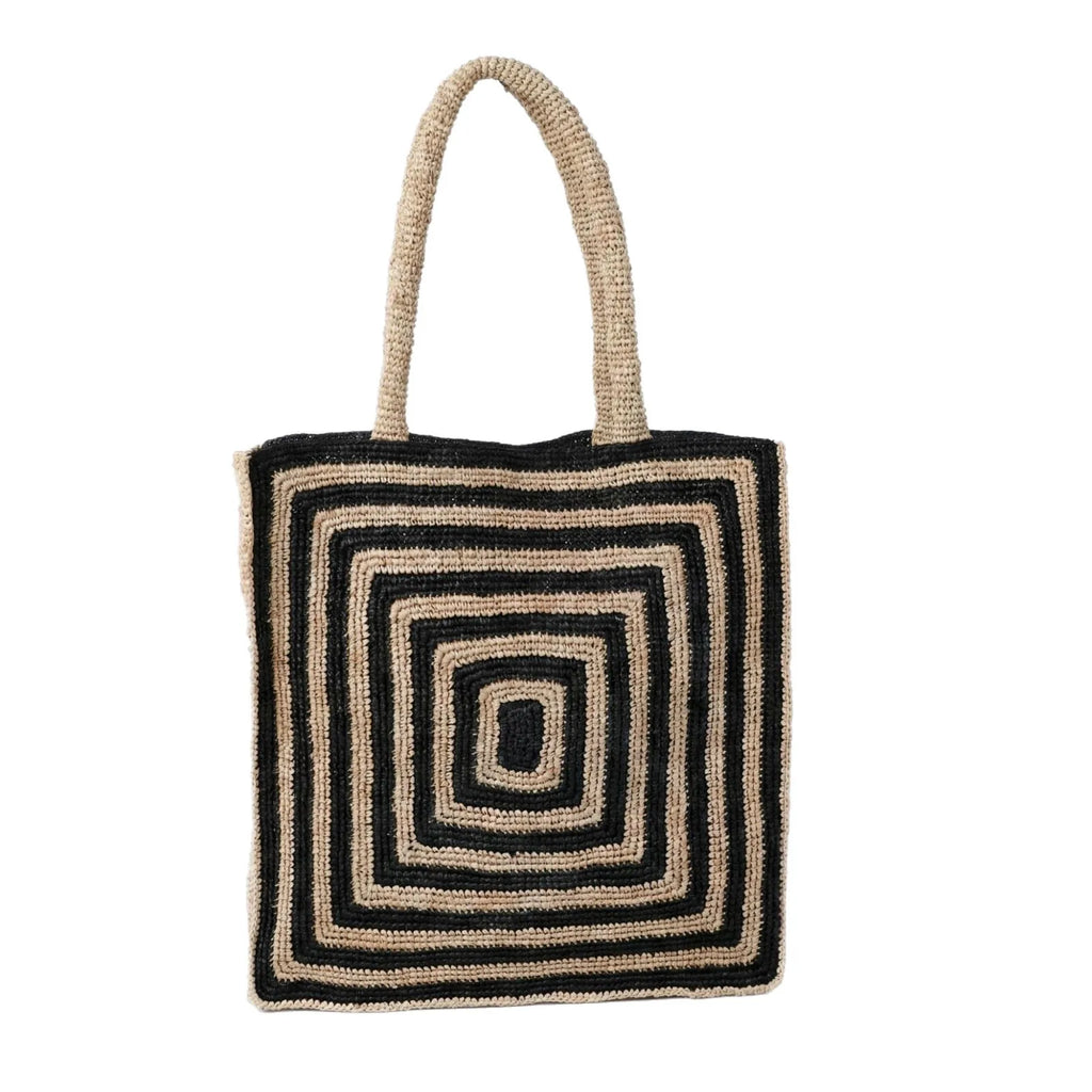 Black and beige woven crochet tote bag with geometric square pattern, lightweight straw-style beach handbag.