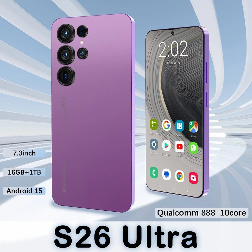 Tidesmit S26 Ultra 5G smartphone with 7.3 inch display, 108MP camera, and 16GB RAM in sleek premium finish.
