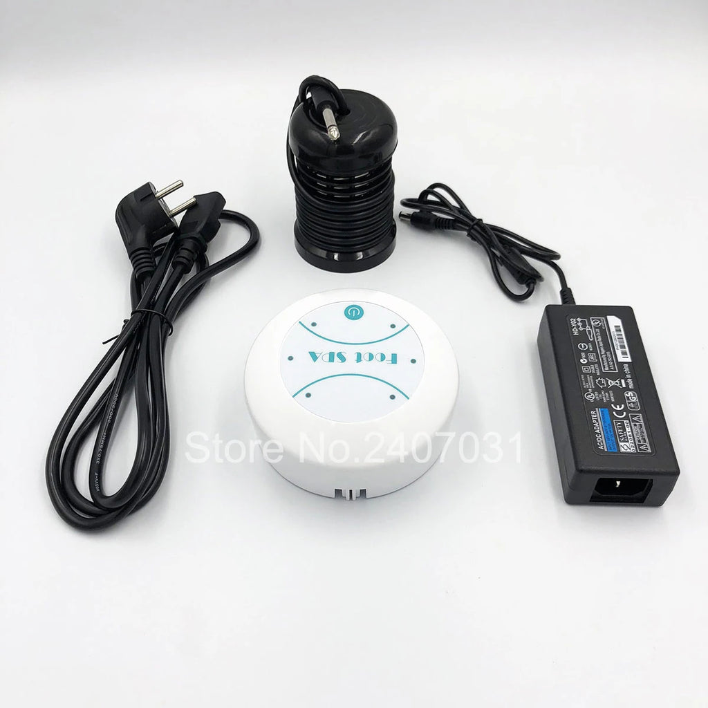 Detox ion foot spa machine with white control unit, black array, and power adapter for electric aqua health therapy.