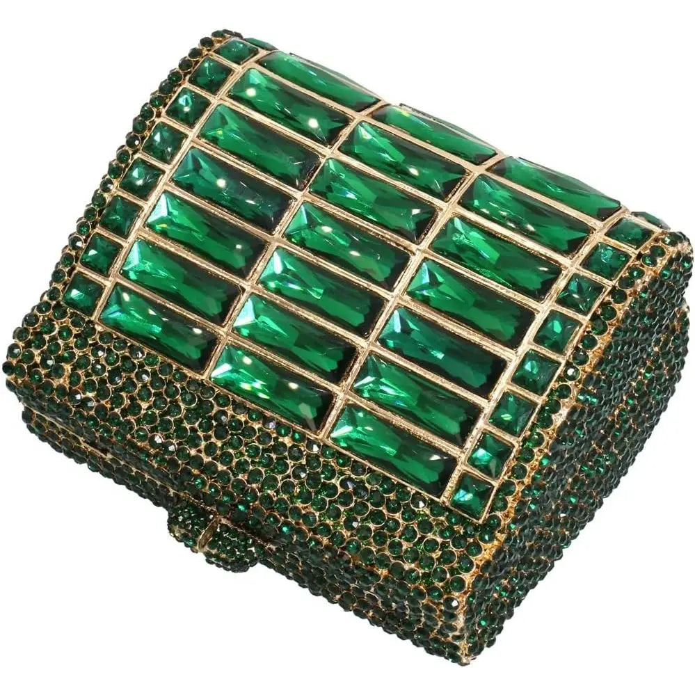 Emerald green crystal evening clutch with baguette-cut rhinestones and gold frame. Luxury designer handbag for wedding.