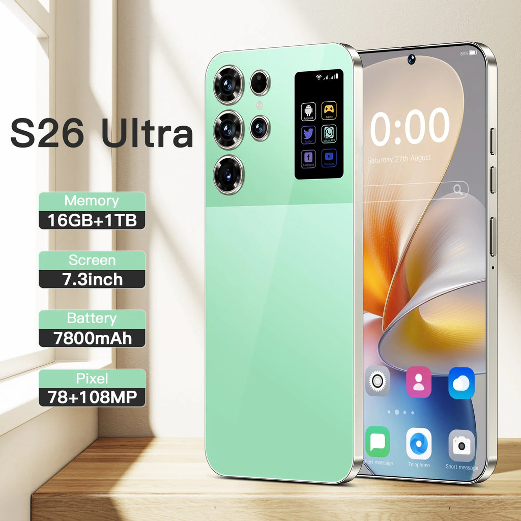 S26 Ultra Smart 5G Smartphone 16GB+1TB Cellphone Android 14 7.3 Inch HD Screen Unlocked 4G+5G Connectivity Phone Tidesmit