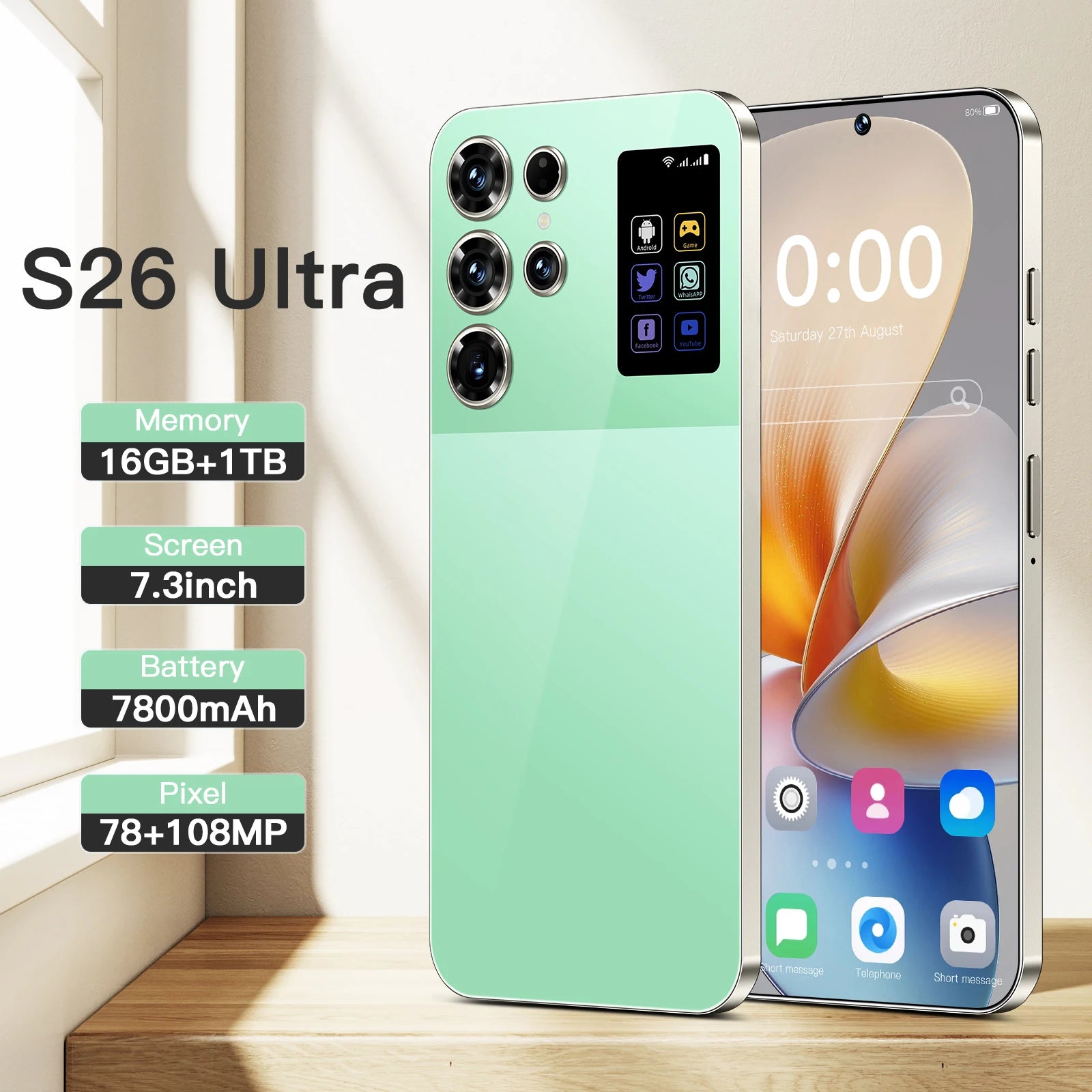 S26 Ultra Smart 5G Smartphone 16GB+1TB Cellphone Android 14 7.3 Inch HD Screen Unlocked 4G+5G Connectivity Phone Tidesmit
