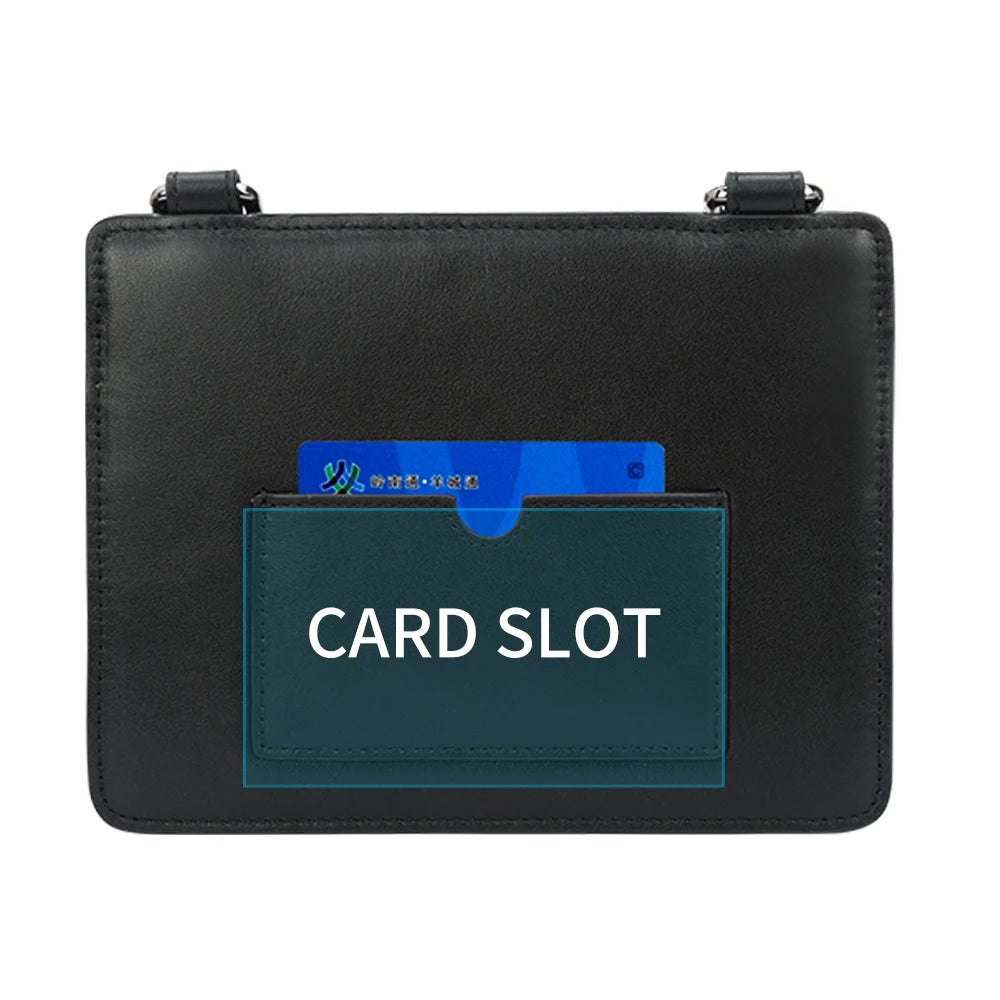 Black genuine cow leather crossbody designer handbag with an exterior card slot for functional, luxury organization.