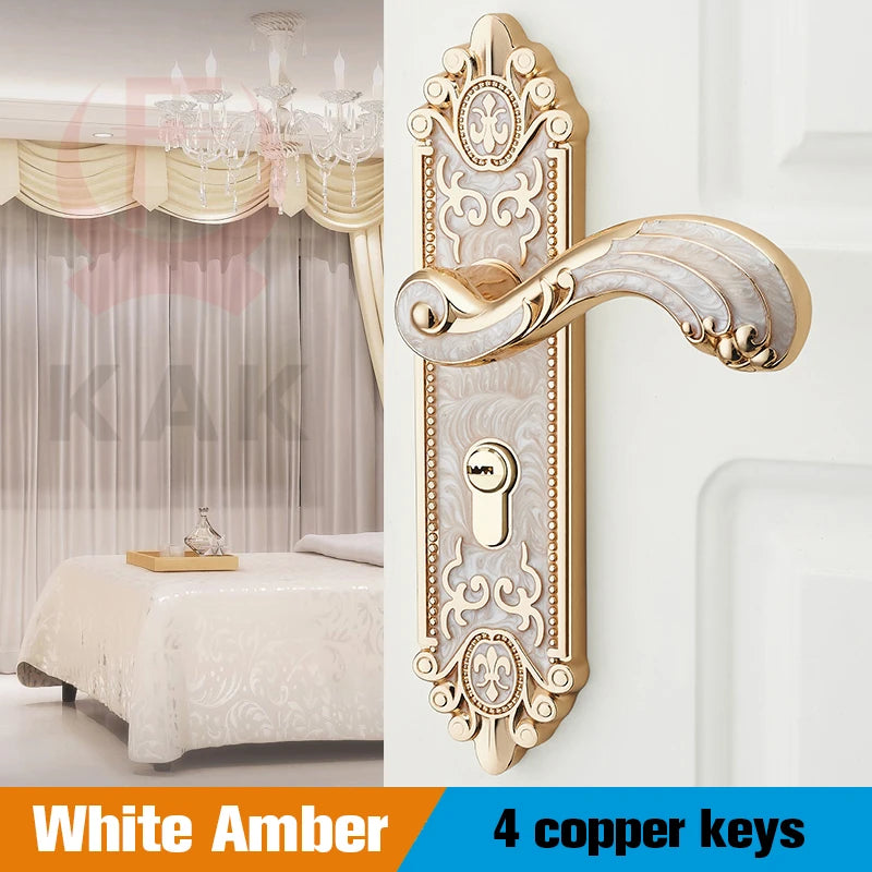 KAK European Style Gold Door Locks with Keys Door Handle Ivory White Security Entrance Door Lock Mute Anti-theft Door Hardware
