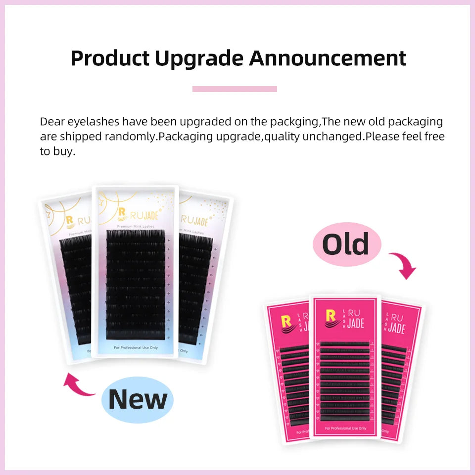 Trays of black mink lash extensions for professional use, comparing new white and original pink packaging designs.