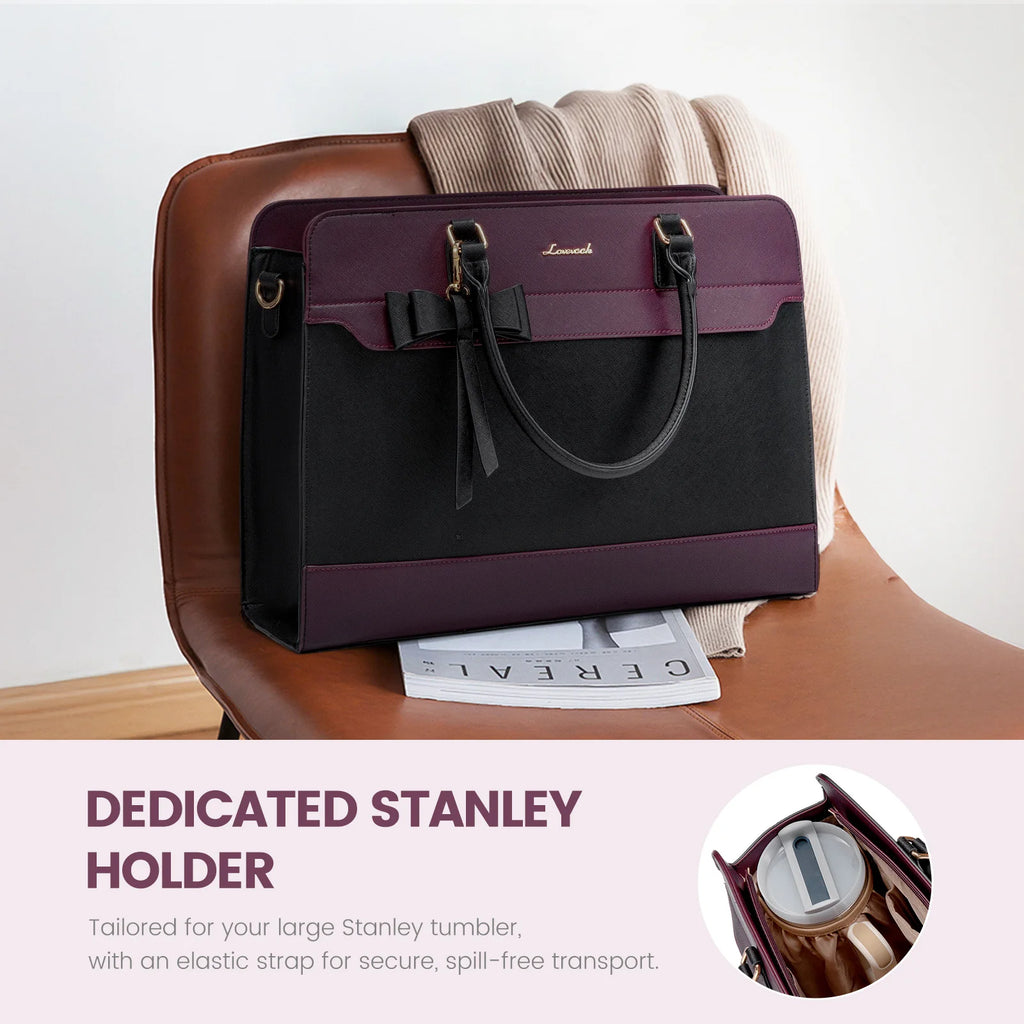 LOVEVOOK black and burgundy 15.6-inch laptop designer tote with bow detail, water-resistant work office shoulder bag.