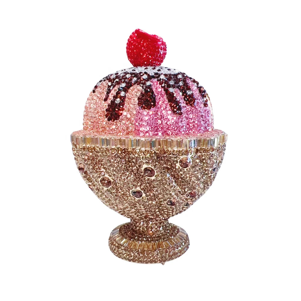 Crystal ice cream sundae novelty clutch, luxury sparkly evening bag with pink, gold, and red rhinestone embellishments.