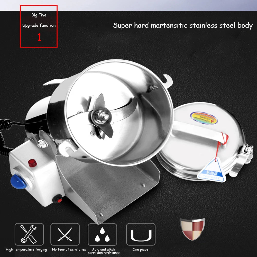 Stainless steel electric grain and coffee grinder with heavy-duty martensitic steel bowl and high-speed cutting blade.