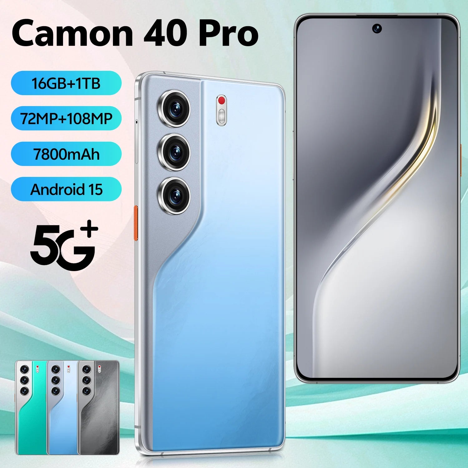 Tecno Camon 40 Pro 5G Smartphone Original Unlocked 7.3-Inch Dual Card Mobile Phone with Deca Core CPU 4G/5G Network and Camera Blue 16g 1TB Tidesmit