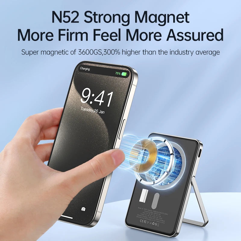 Power bank charger-[Stock]Portable Wireless Magnetic Mobile Power Bank 5000 Mah Ultra Slim Phone 5000Mah Charger Power Bank With Stand and Card Bag Tidesmit
