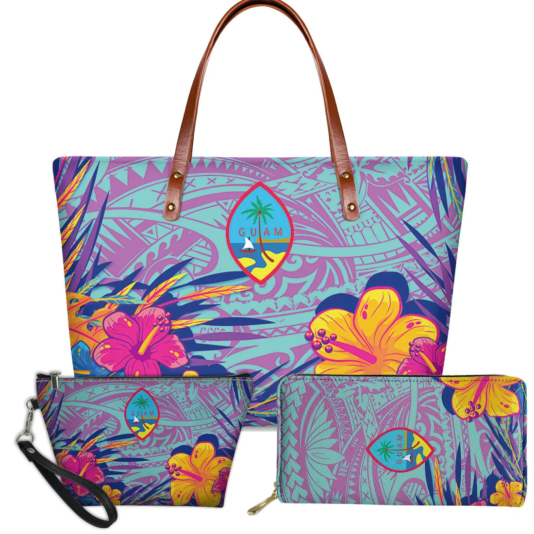 3pc Guam floral tribal handbag set with hibiscus print and brown leather handles in teal, purple, and yellow.