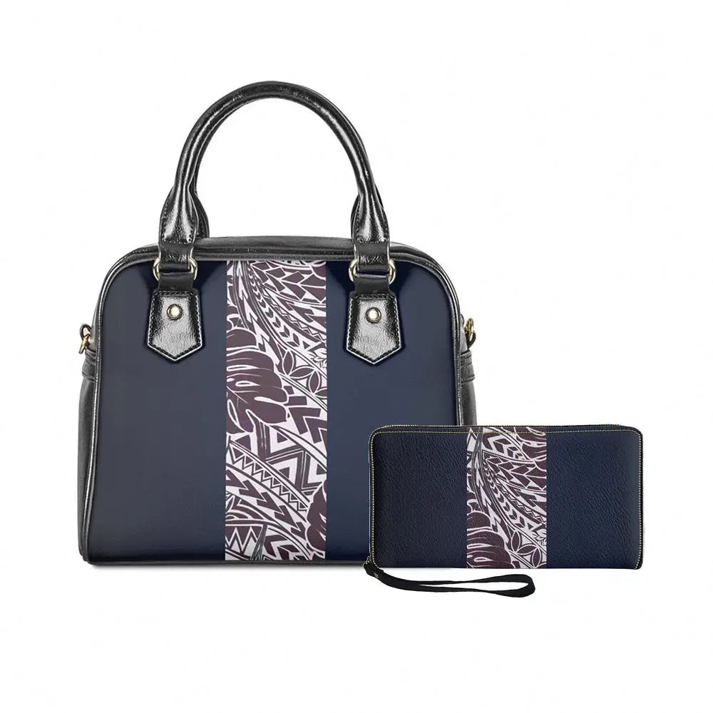 Black 2-piece handbag and wallet set featuring a Polynesian tribal monster leaf print and stylish structured design.