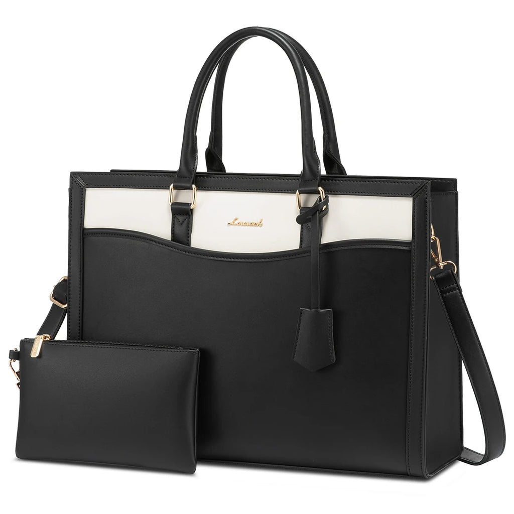 LOVEVOOK black and white leather laptop tote bag for women with shoulder strap and matching pouch. Designer handbag.