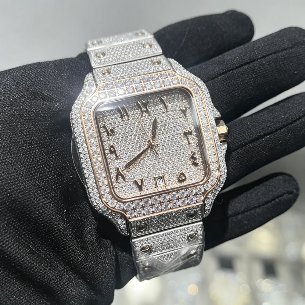 Moissanite-uhr Moissanite Watch Custom Diamond Rose Gold Moissanite Watch Mechanical Movement Classic Luxury Men's Vvs Uhr