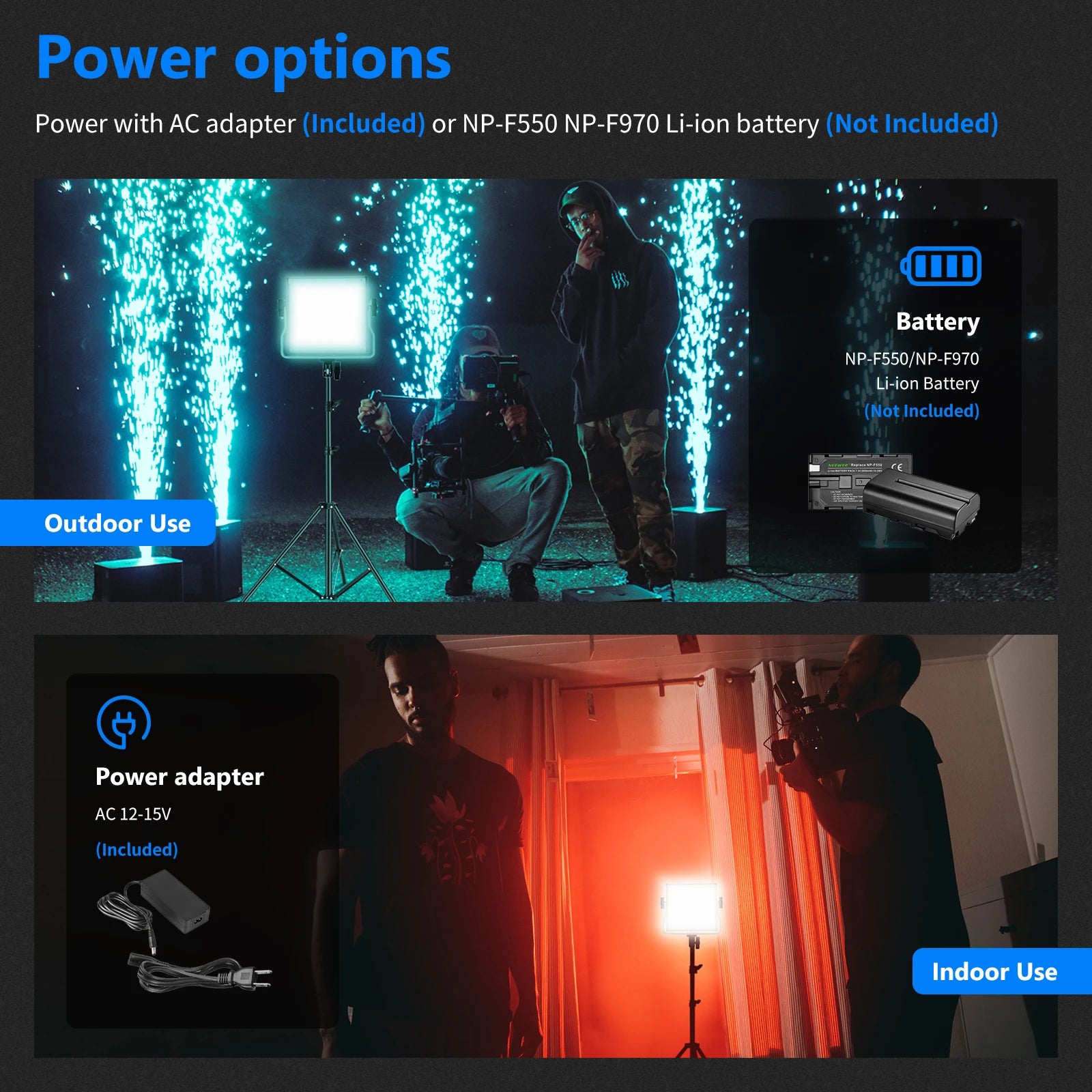 Square LED panel light on a tripod, powered by a included AC adapter or separate NP-F series Li-ion battery.