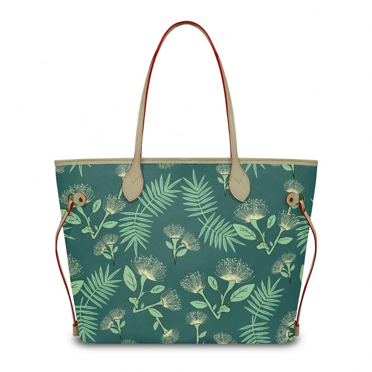 Designer leather tote bag with teal Ohia Lehua floral print, tan leather straps, and red trim accents.