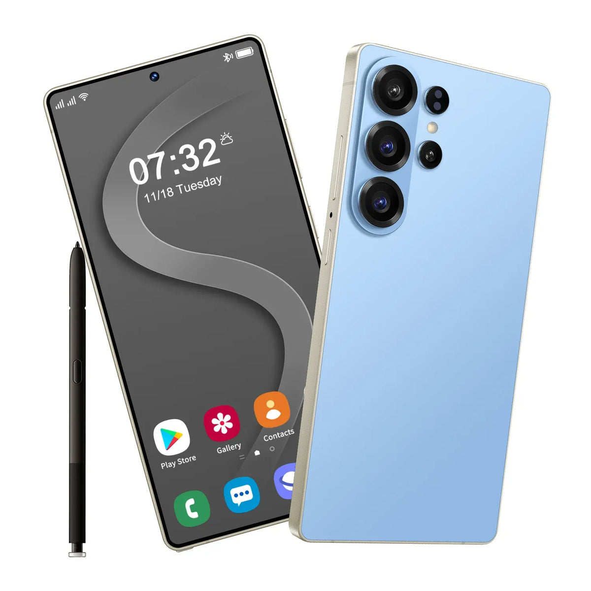 Blue smartphone with 7.3-inch display and quad rear cameras, front and back views.