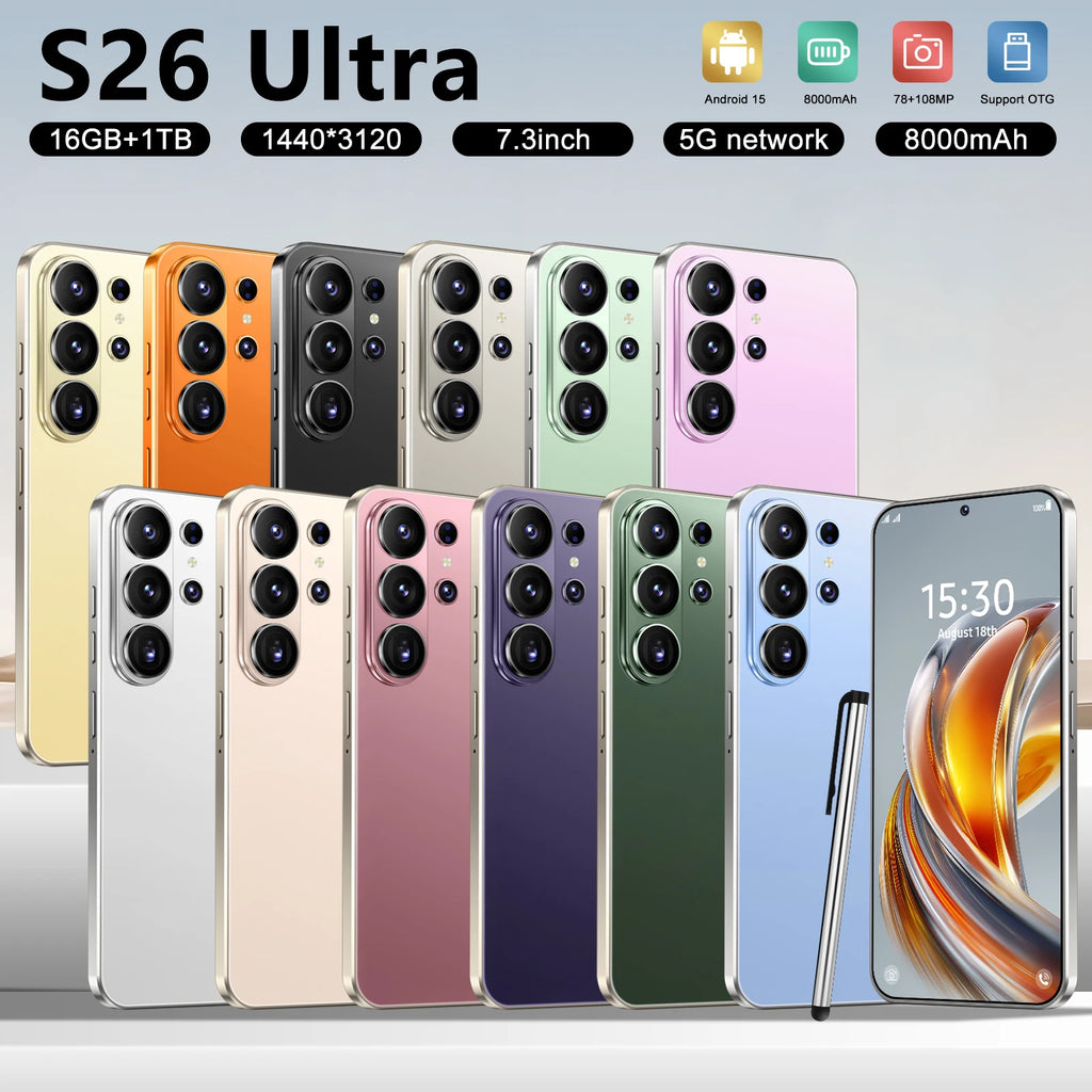 Original S26 5G smartphone with 7.3 inch HD screen, 16GB RAM, 1TB storage, and 8000mAh battery, rear view.