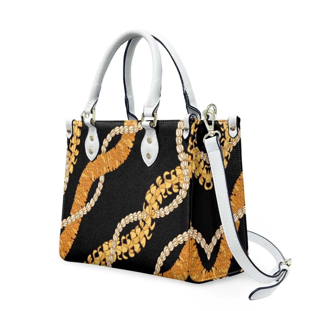 Large black luxury leather handbag with white handles, strap, and gold Polynesian Samoan tribal floral rope print.