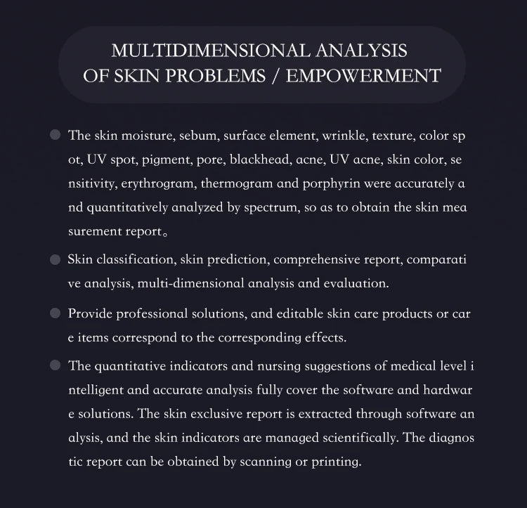 Text overlay describing skin analysis software features: moisture, pore, and wrinkle metrics for skincare evaluation.