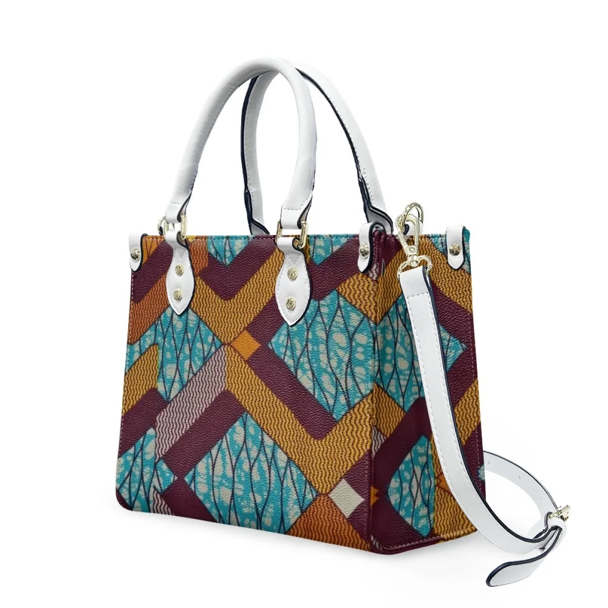 Luxury leather handbag with Samoan tribal print, white handles, and detachable shoulder strap in geometric teal and gold.