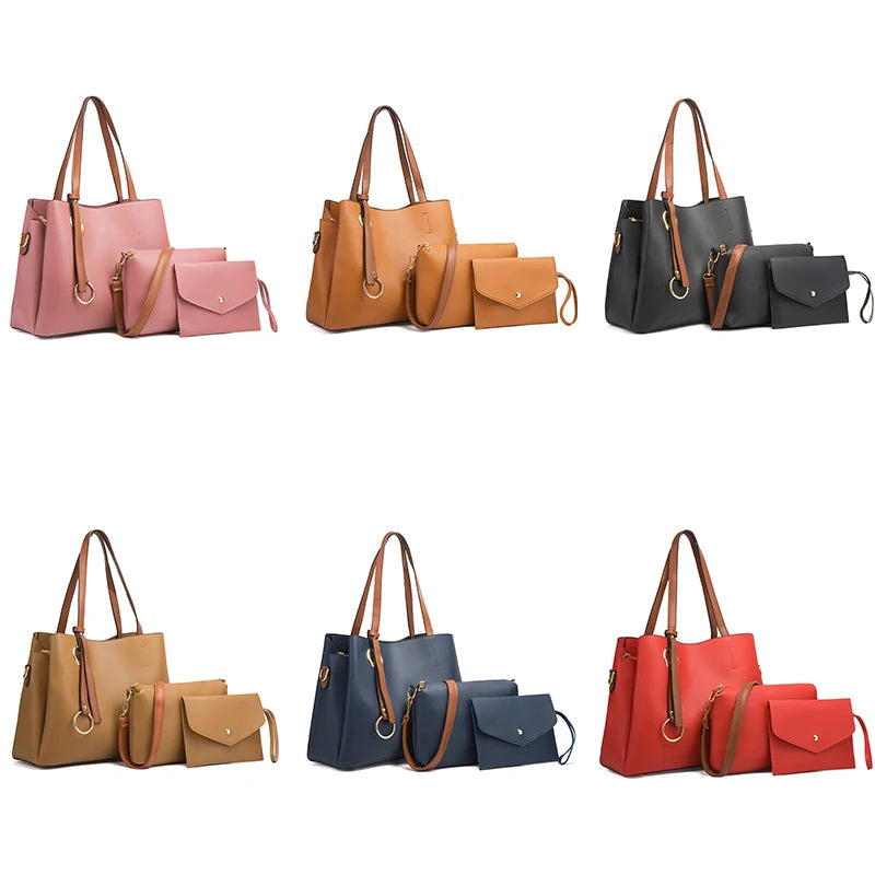4-piece faux leather handbag set featuring tote, satchel, and clutch in assorted colors with gold-tone ring accents.