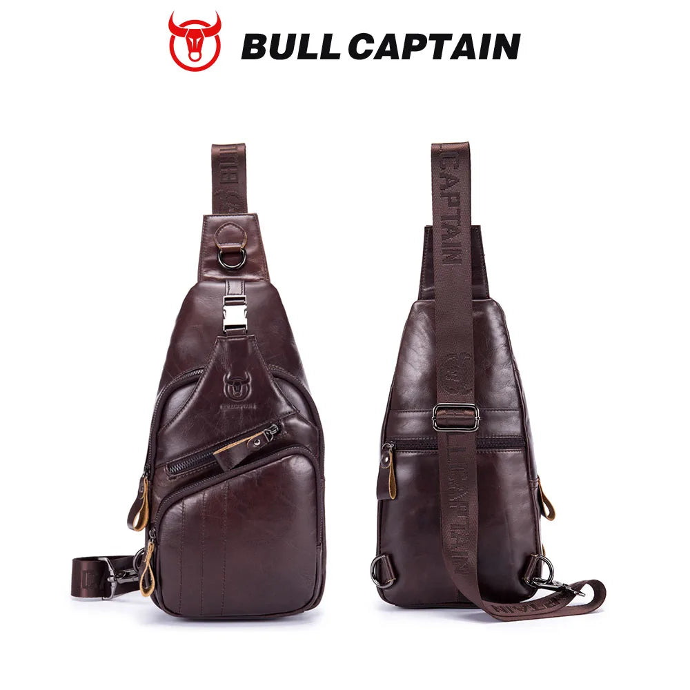 BULLCAPTAIN brown genuine cow leather vintage sling bag for men with branded adjustable strap and zip compartments.