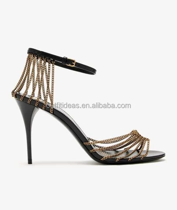 Lambskin Metal Design Black Party Sandal Top Quality 3.5 Inches Heels Ankle Chain Straps Pumps Women Leather Babylone Sandals