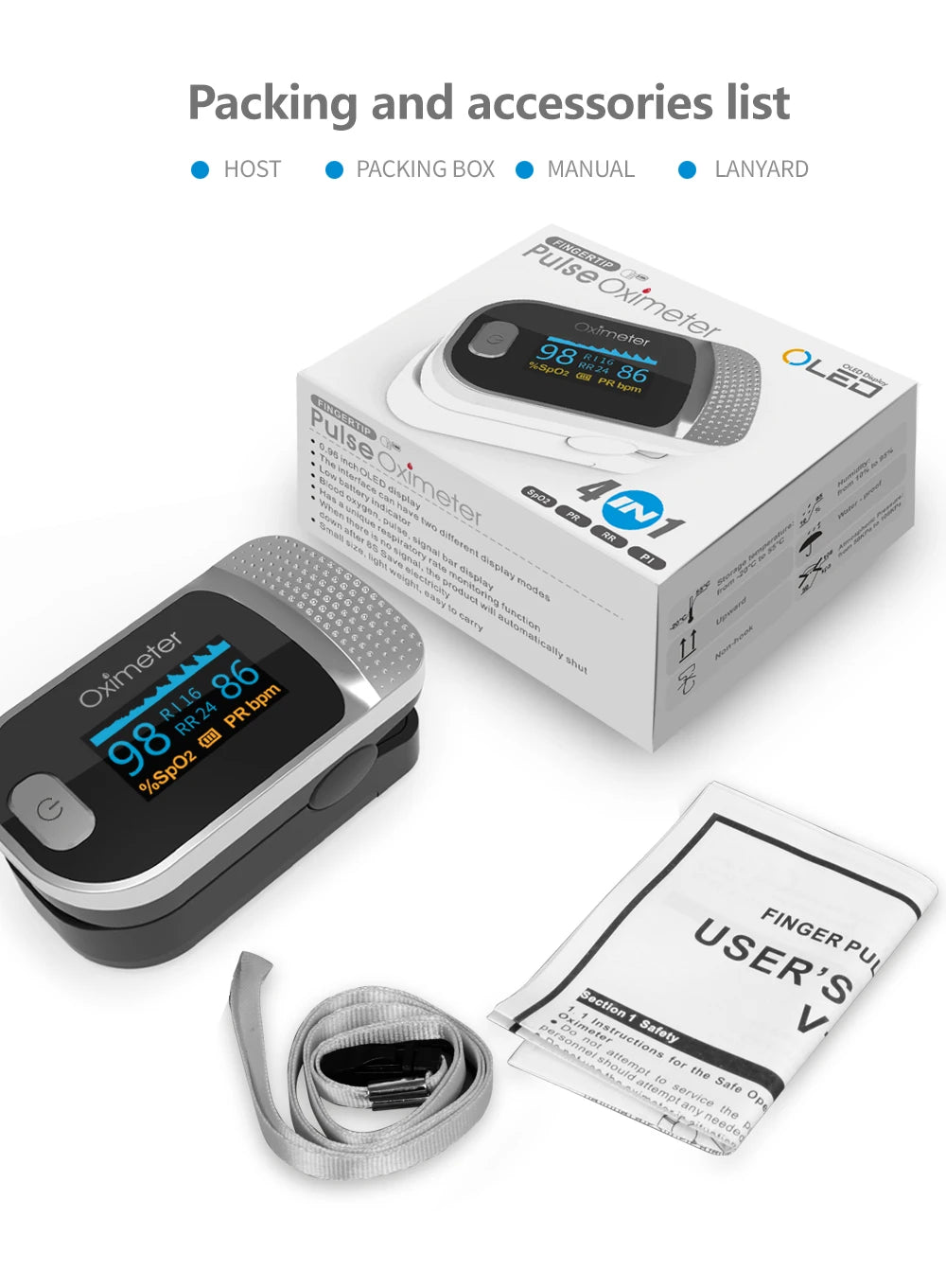 JianyouCare Finger Pulse Oled Oximeter Portable RR Blood Oxygen Saturation Meter Respiratory Rate Oximetro De Dedo Pulsioximetro