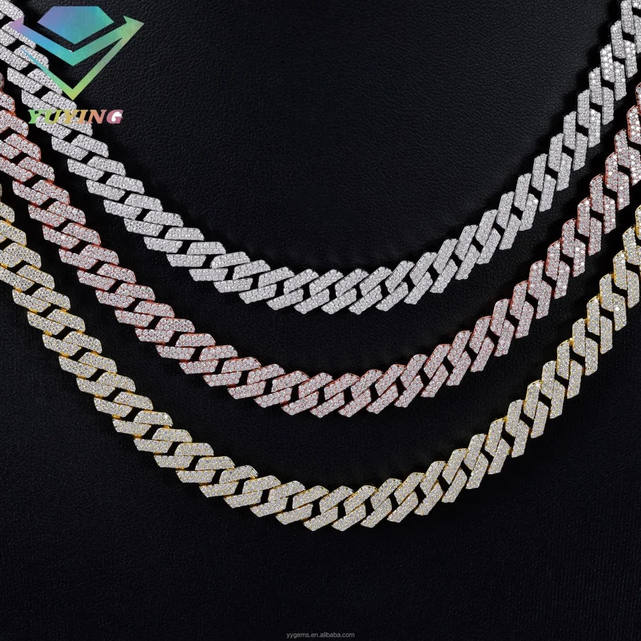 8mm-12mm Width 100% Pass Tester 18k Gold Plated 2rows VVS Moissanite  925 Silver Cuban Link Chain for Hip Hop Rapper Jewelry