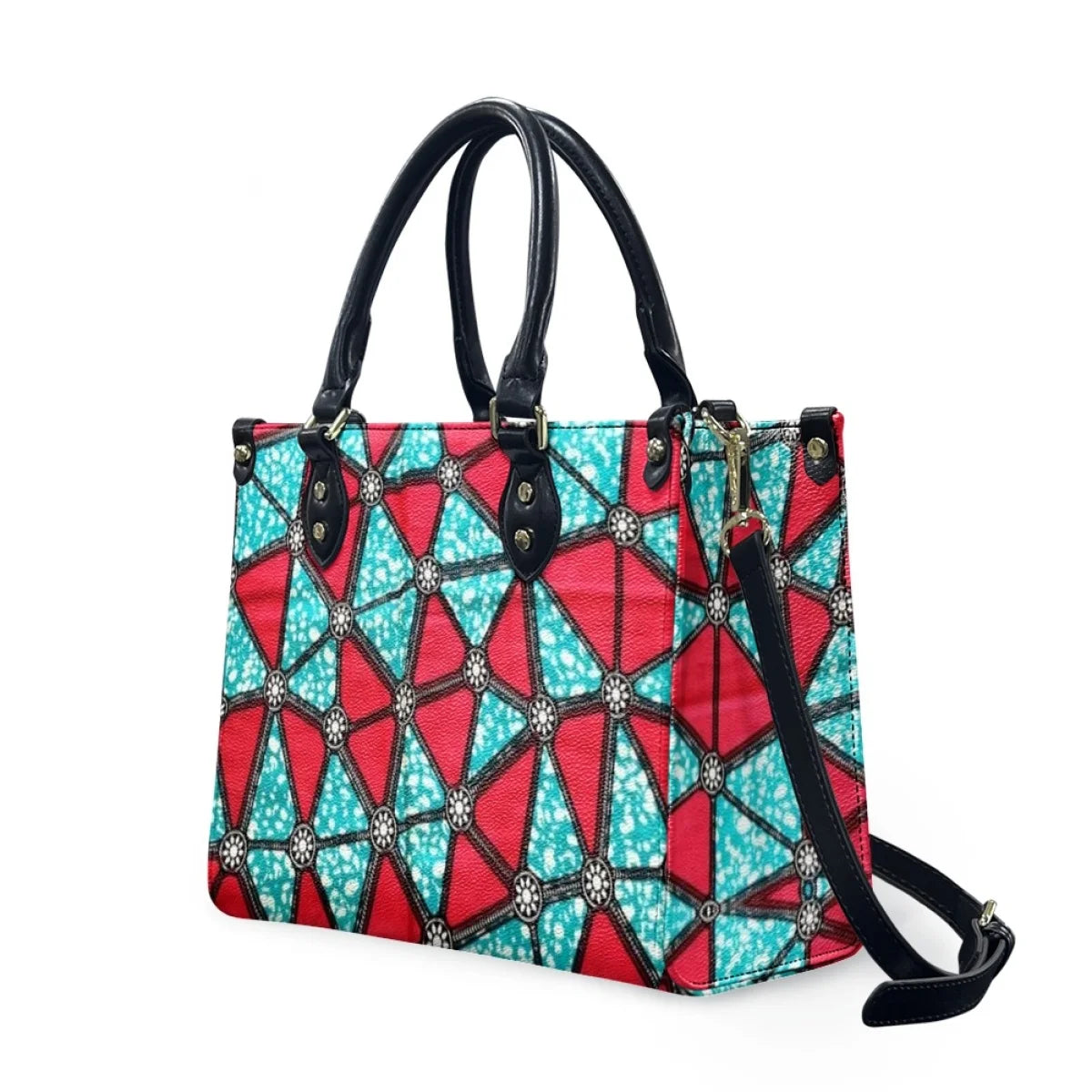 Luxury leather shoulder bag with red and teal Polynesian tribal geometric print and black handles. Large ladies trunk.