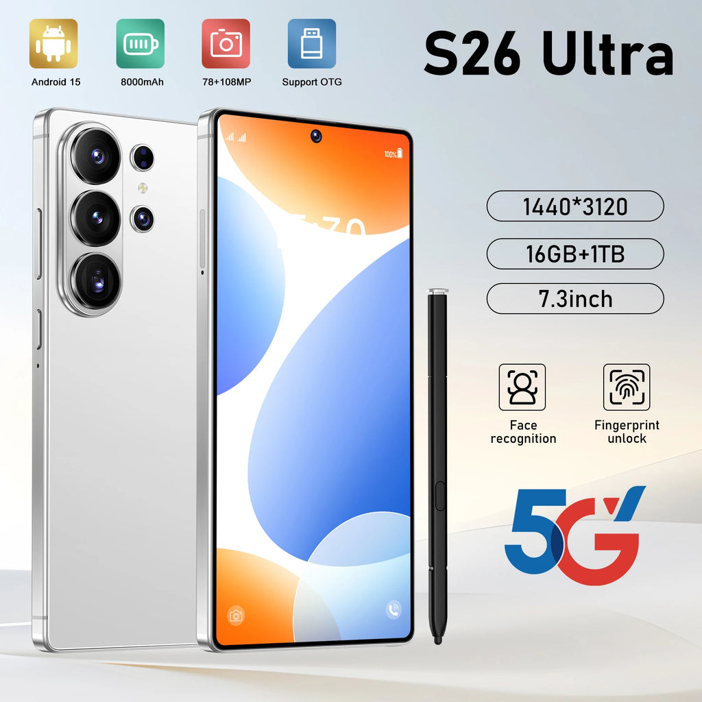 S26 Ultra 5G Smartphone, 22GB RAM, 2TB Storage, 108MP Camera Tidesmit