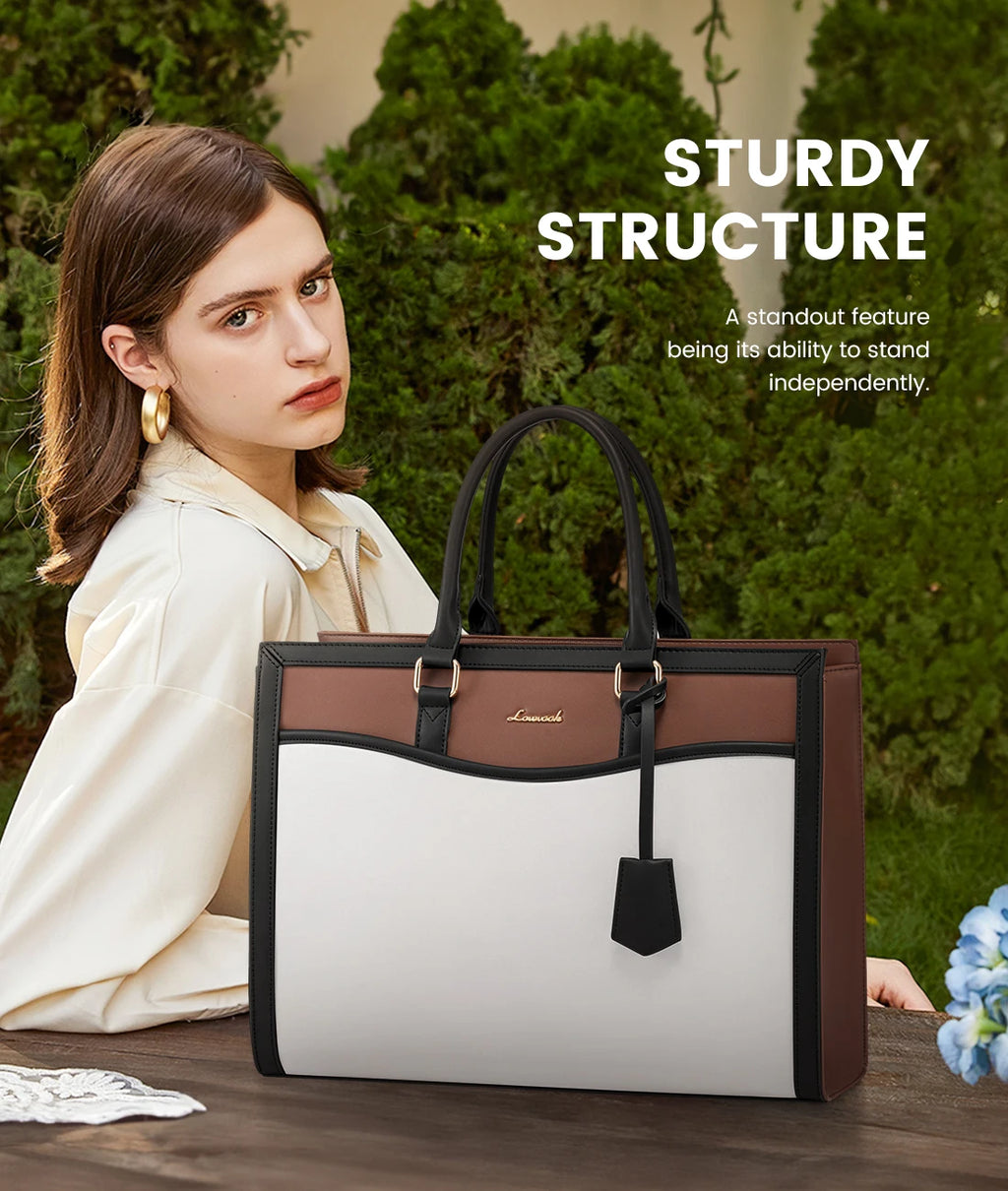 LOVEVOOK designer laptop tote: structured white, brown, and black vegan leather handbag for 17-inch work laptops.