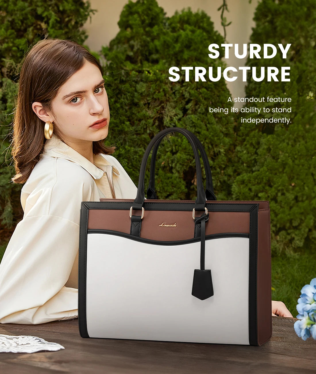 LOVEVOOK designer laptop tote: structured white, brown, and black vegan leather handbag for 17-inch work laptops.