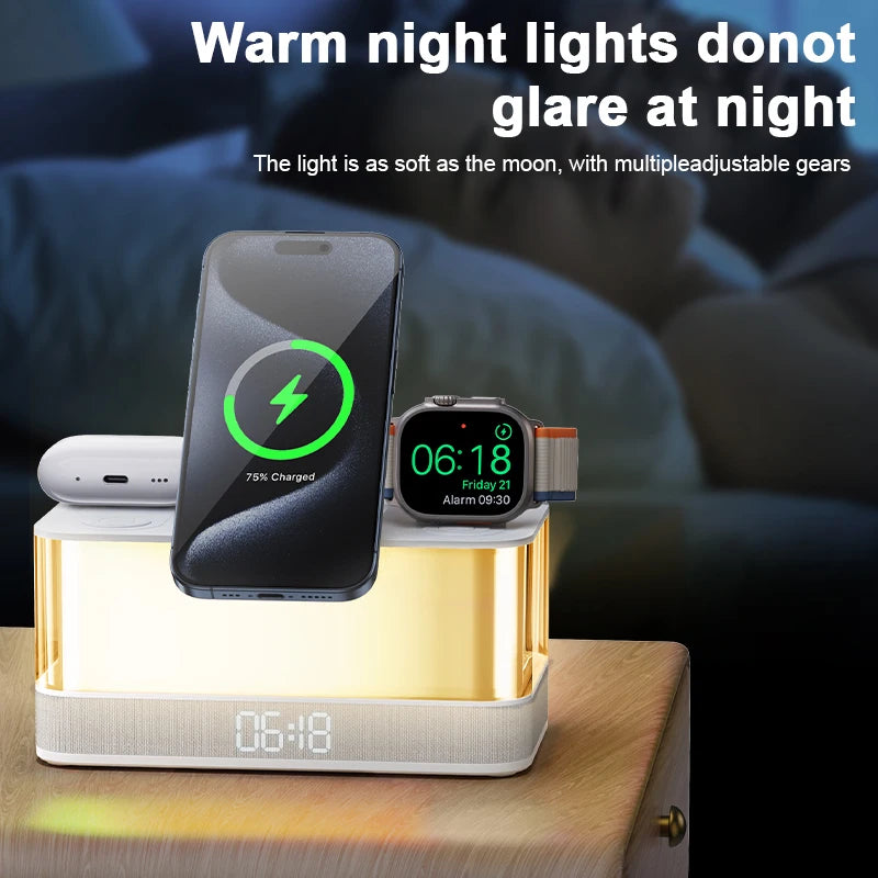 Hot Products 2025 Trend Multi Functional Alarm Clock Wireless Charger RGB Night Light BT Music Speaker 6 in 1 Wireless Charger Tidesmit