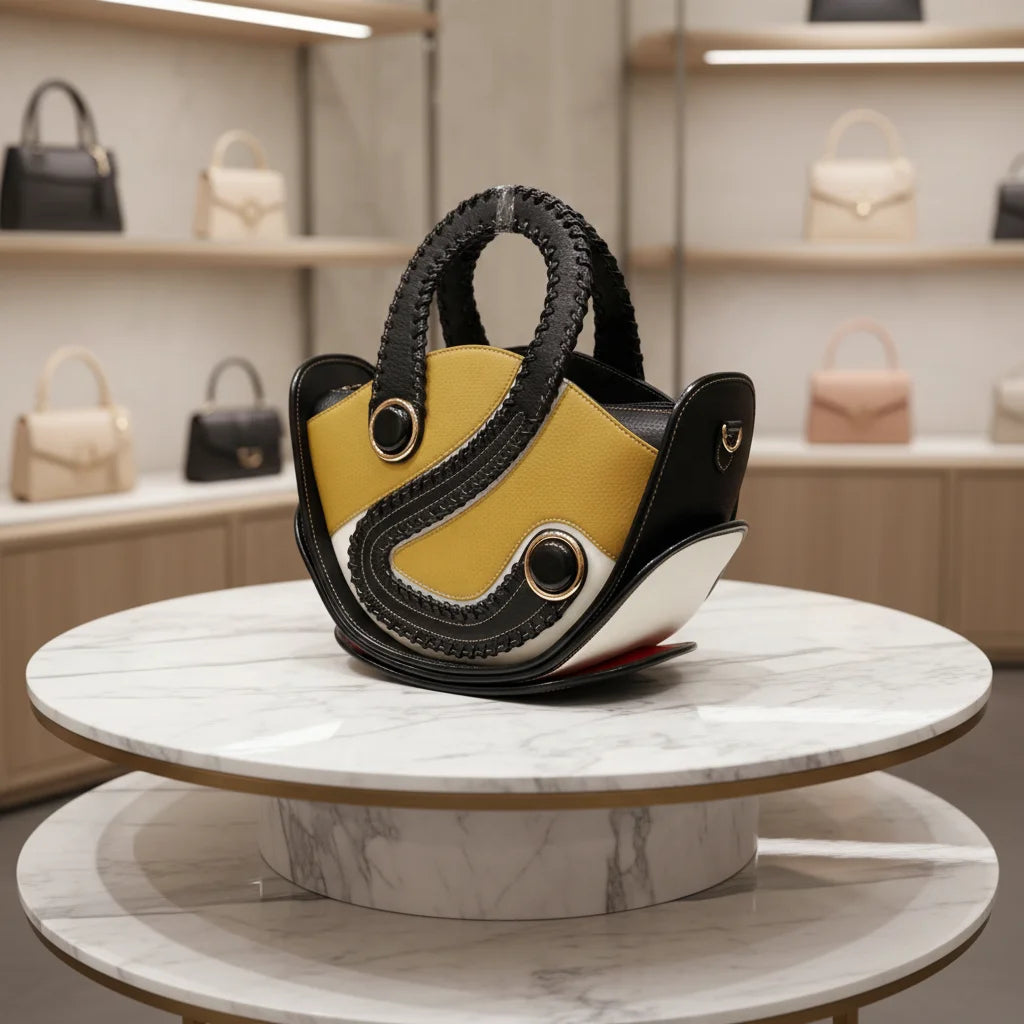 Designer handbag in black, yellow, and white leather with a unique curved silhouette and braided handle details.