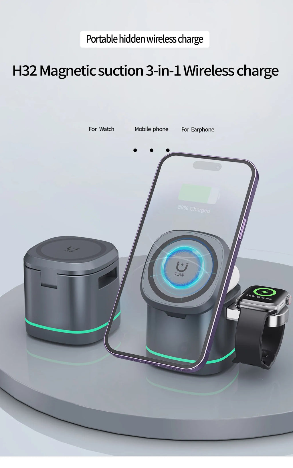 Power bank charger-3 in 1 Cube Foldable Wireless Charger 15W Fast Charging Stand Desktop Charging Station for Iphone 15 Pro Max Magnetic Portable Tidesmit