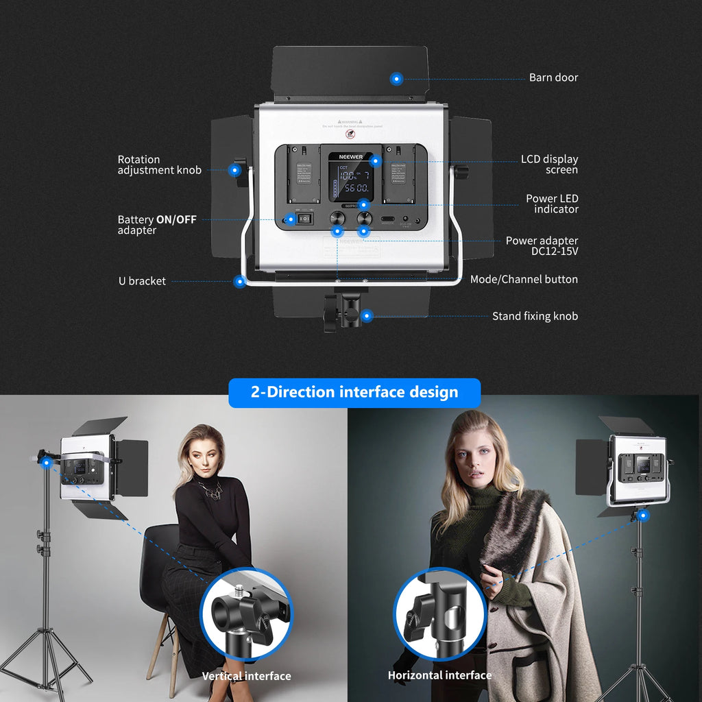 LED studio video light with barn doors, LCD screen, and U-bracket for vertical or horizontal mounting on a light stand.