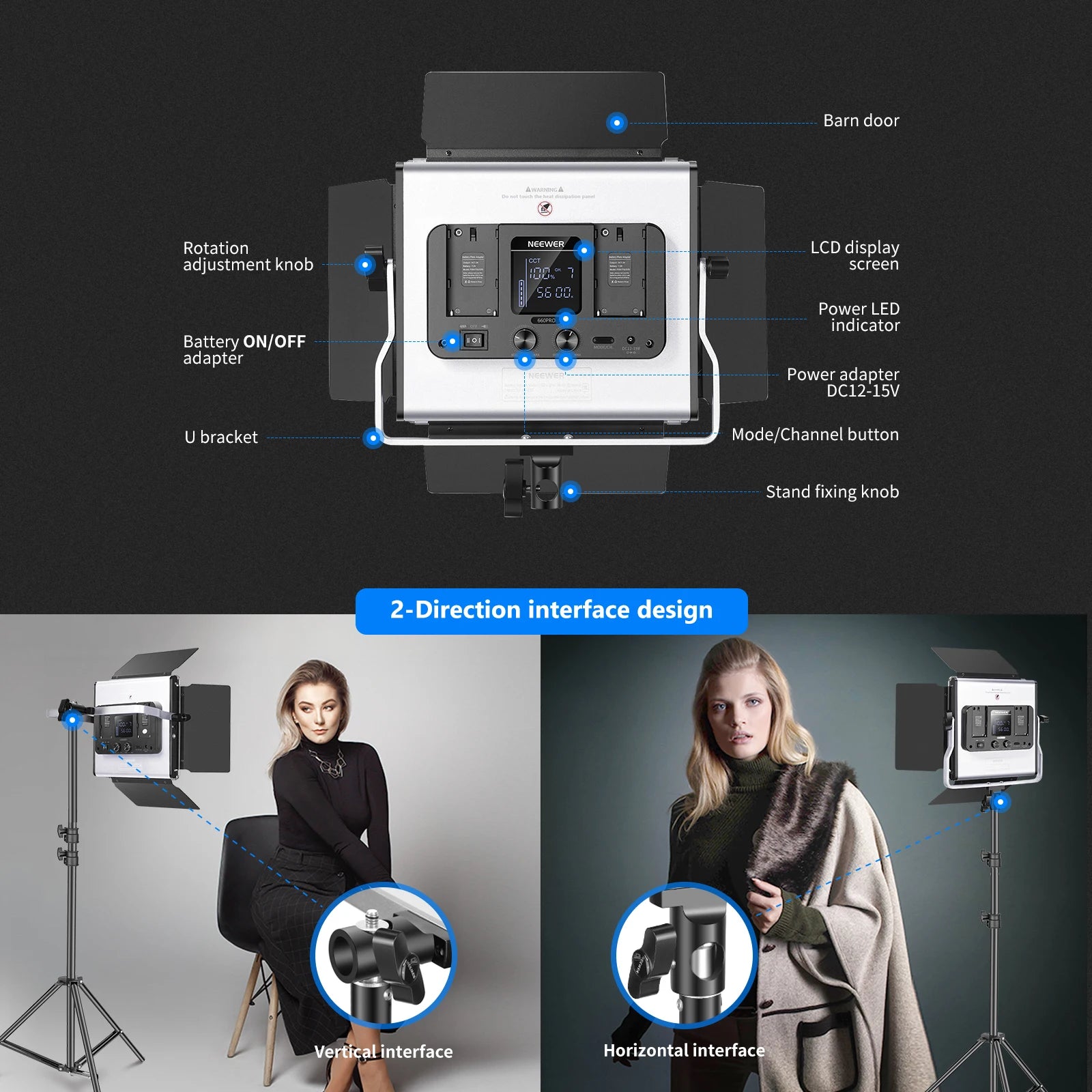 LED studio video light with barn doors, LCD screen, and U-bracket for vertical or horizontal mounting on a light stand.