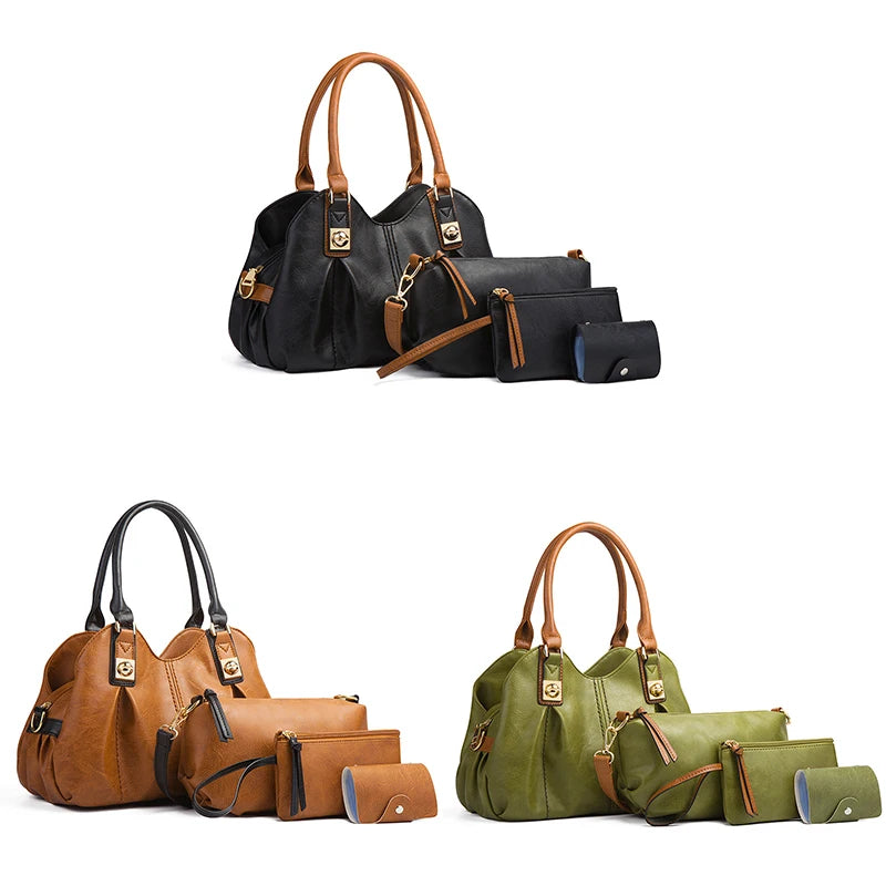 4-piece set of foldable leather handbags, satchels, and trunks in black, brown, and green with gold-tone hardware.