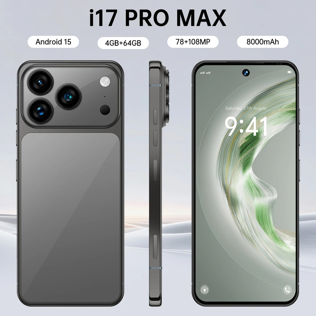 Tidesmit I17 Pro Max 7.3 inch 5G smartphone with 108MP camera and 7800mAh battery in sleek modern design.