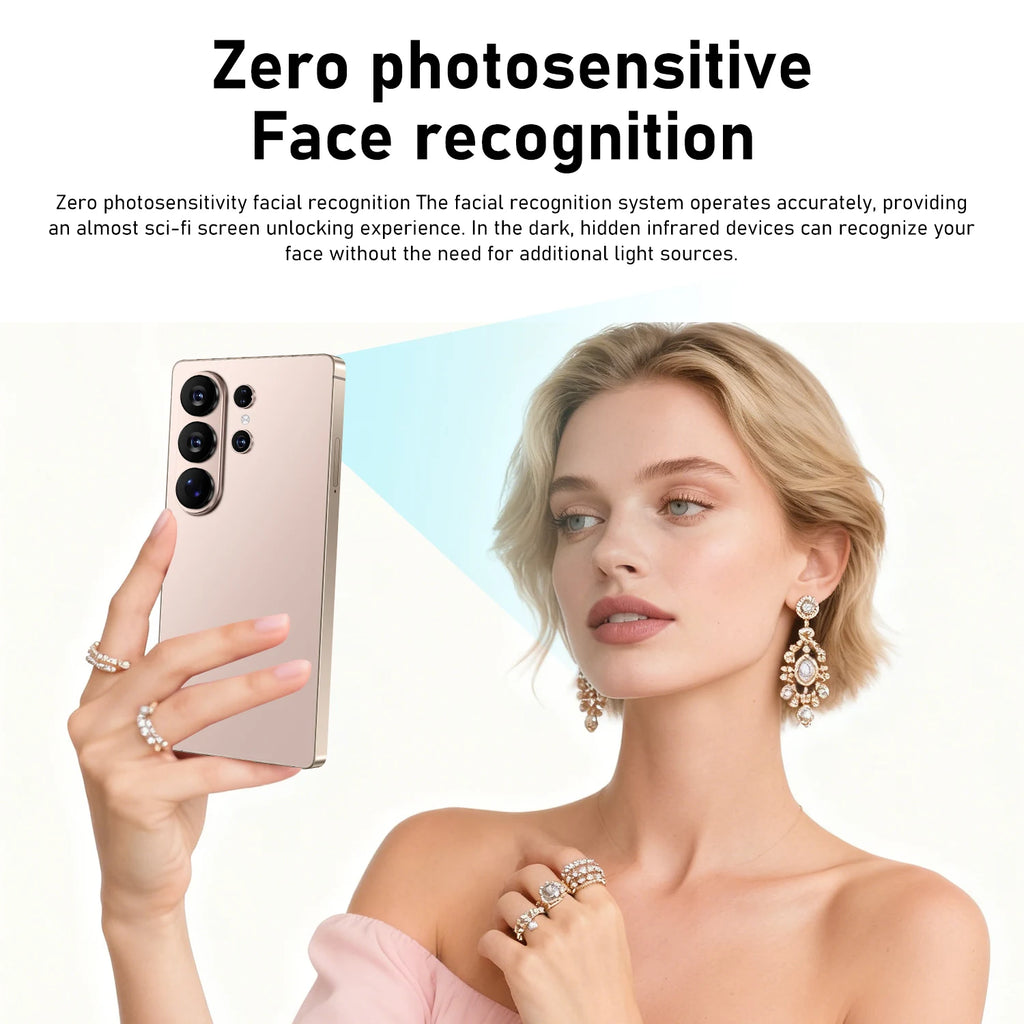 S26 Ultra 5G smartphone with 7.3-inch HD display, 16GB RAM, 1TB storage, and 108MP camera, side view.