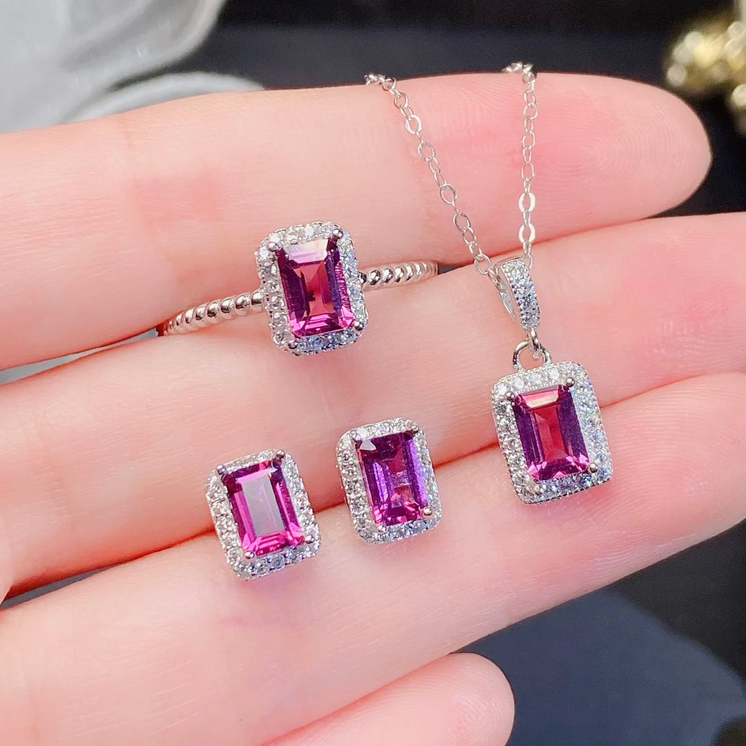 Luxury 925 Sterling Silver Women's Jewelry Set Gold Natural Garnet for Parties Weddings CMA Certified