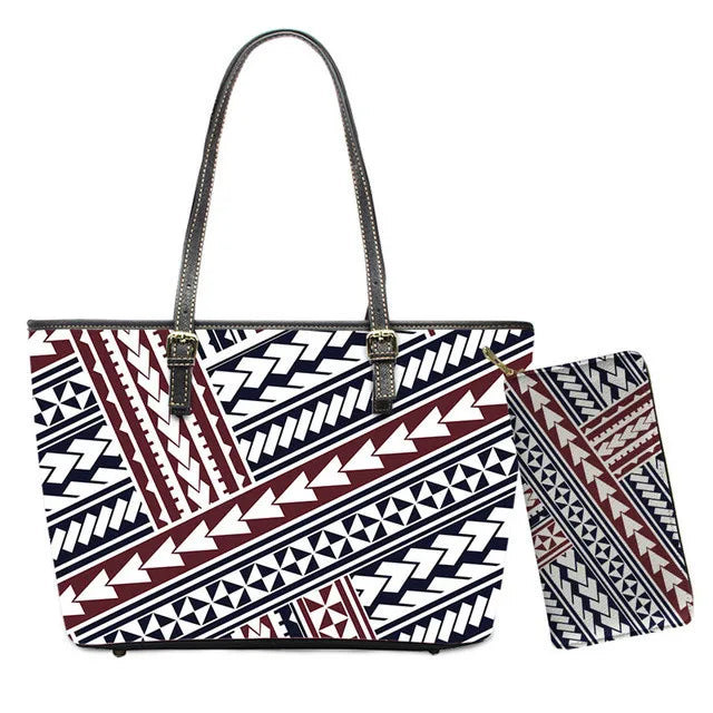 Polynesian tribal print leather tote bag and wallet set with red, black, and white geometric patterns.