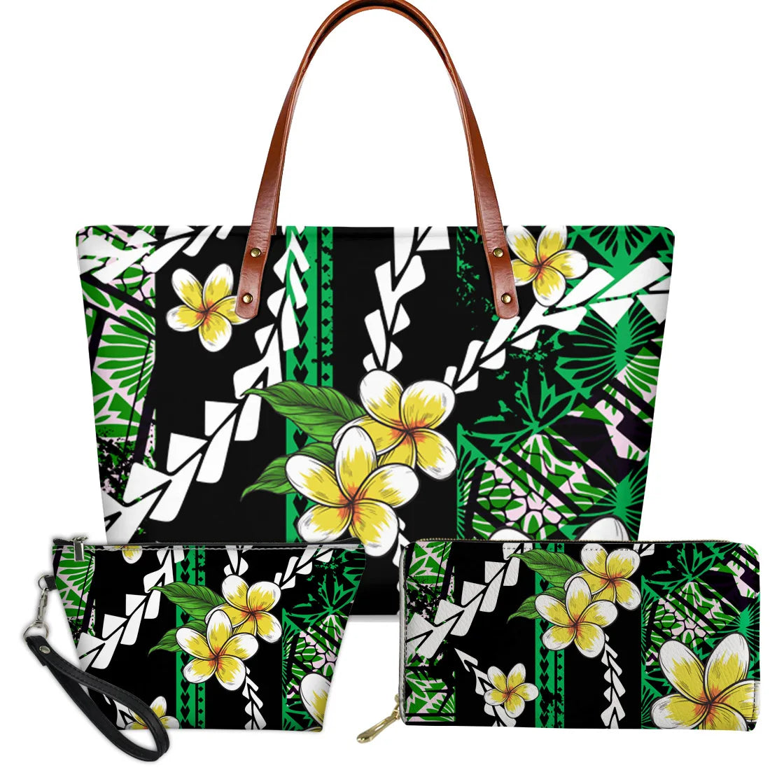 3-piece Polynesian handbag set in black and green with white tribal prints and yellow plumeria floral patterns.
